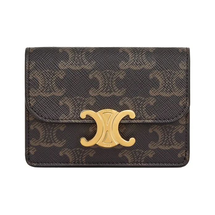 CELINE Triomphe Synthetic Leather Coin Purse, Card Holder Women's Brown-0
