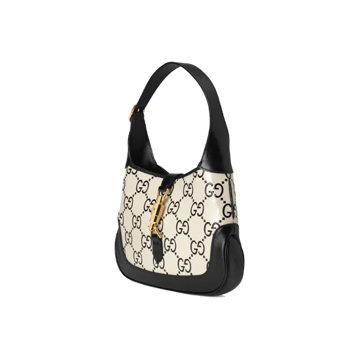 GUCCI Jackie 1961 Canvas With Leather Trim Crescent Shoulder Bag Shoulder Bag Small Size Women's White Black Multicolor-1