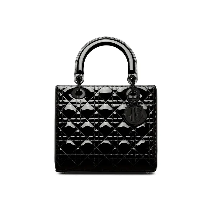 DIOR Lady Dior Shiny Patent Leather Cow Leather One Shoulder Handbag Crossbody Bag Medium Size Women's Pure Black-0