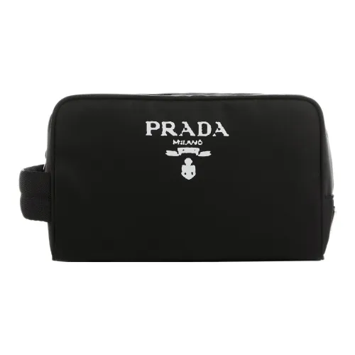 PRADA Recycled Nylon With Patchwork Leather Clutch Makeup Bag Women's Black