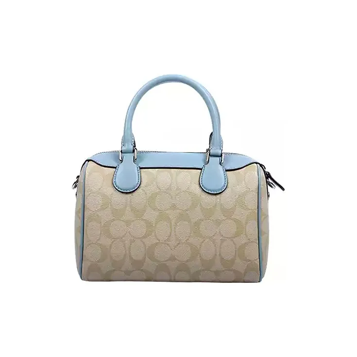 COACH Bennett Canvas Leather Boston Bag One Shoulder Handbag Crossbody Bag Medium Size Women's Sky Blue & Khaki-3