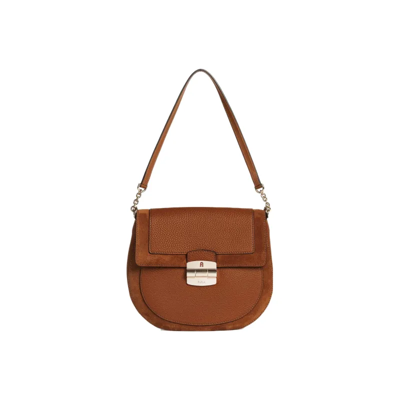 Furla Club 2 Grain Calfskin With Suede Saddle Bag, Crossbody Bag, Shoulder Bag Trumpets Women's Brown-1