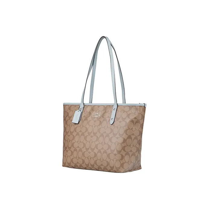 COACH City Zip Tote Artificial Leather Shoulder Bag Women's Khaki Light Blue-1