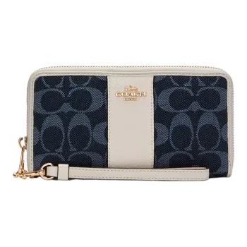 COACH Zip Around Fabric With Leather Handheld Wallet Women's White With Denim Blue Monogram