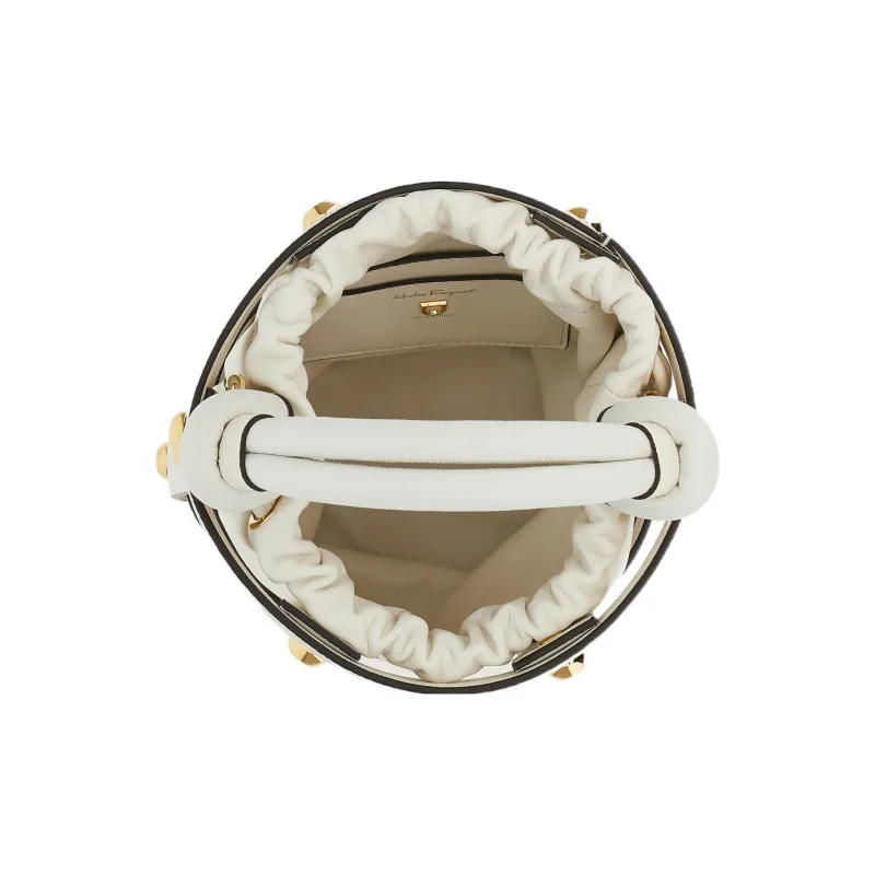 FERRAGAMO Cage Cow Leather Bucket Bag, Crossbody, One Shoulder Handbag Regular Women's White-4