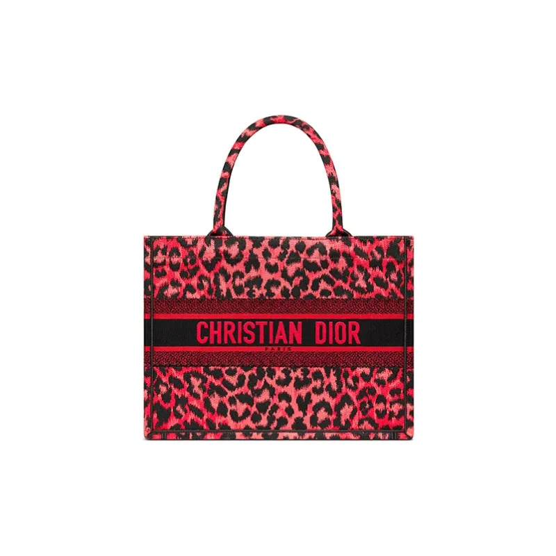 DIOR BookTote Embroidered Leopard Print Tote One Shoulder Handbag Small Size Women's Overripe Plum Color-0