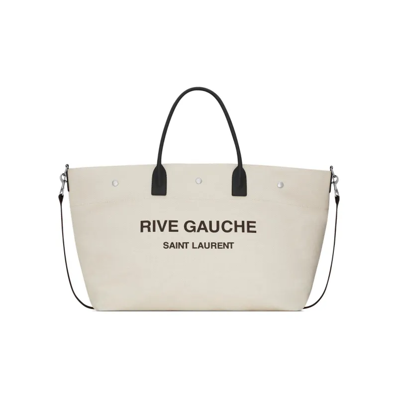 SAINT LAURENT Rive Gauche Canvas Tote Bag, Shopping Bag, Handbag Extra Large Women's Taupe/Black-0