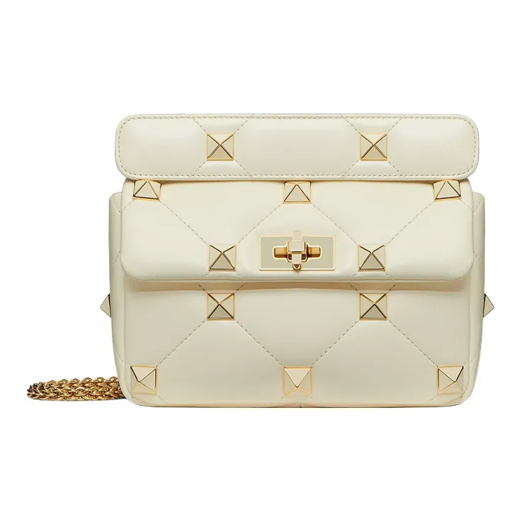 Valentino Roman Stud Diamond Quilting Soft Sheepskin Portable Crossbody Bag Shoulder Bag Women's Ivory White-0