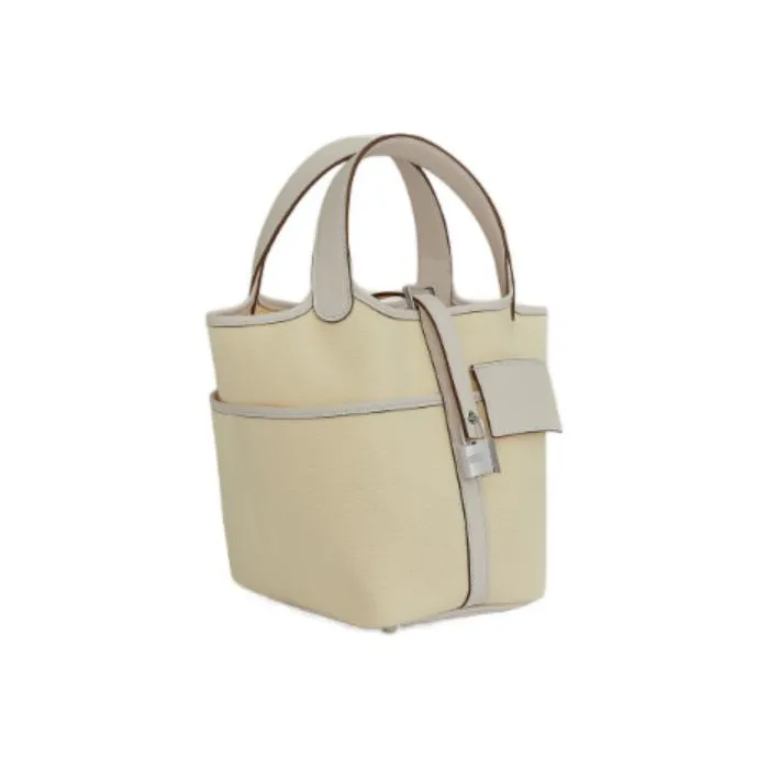 HERMES Picotin Lock Goeland Canvas With Swift Calfskin Canvas Bag Basket Bag Bucket Bag Handbag 18 Women's Cream White-1