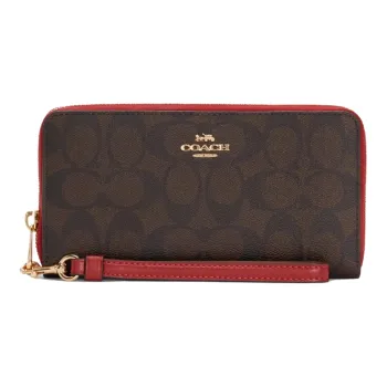 COACH Zip Around Canvas With Leather Wallets Clutches Women's Red & Brown Monogram