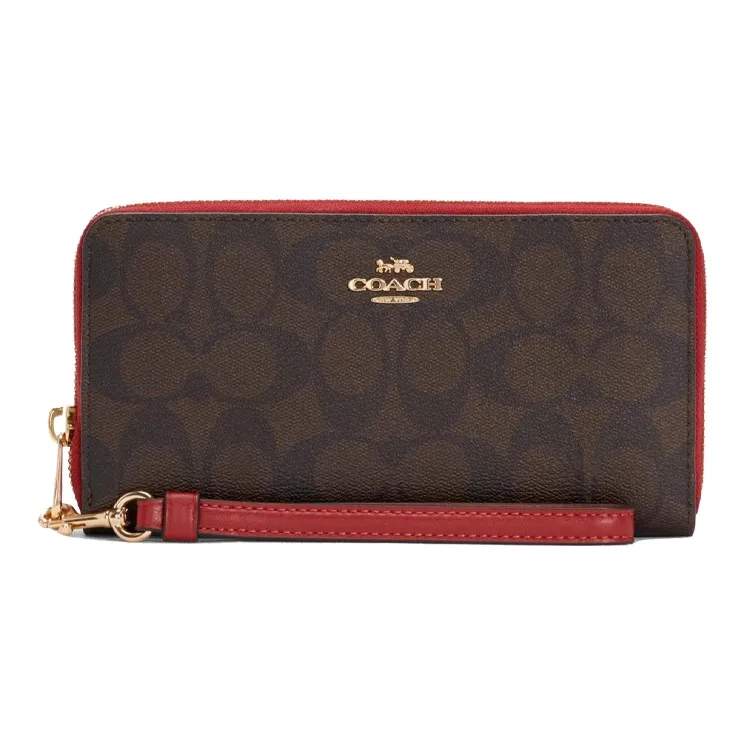 COACH Zip Around Canvas With Leather Wallets Clutches Women's Red & Brown Monogram-0