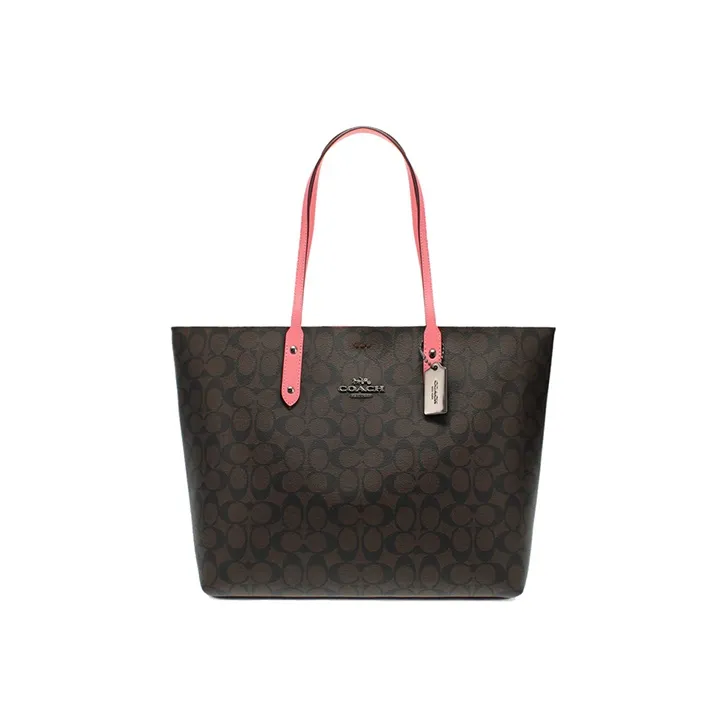 COACH Canvas With Leather Tote Large Size Women's Dark Khaki With Pink-0