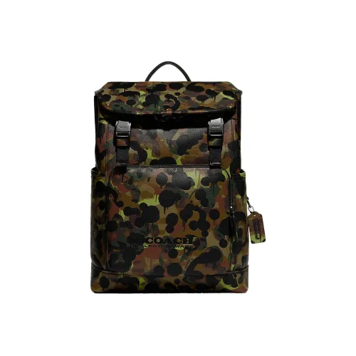 COACH League Pebbled Leather Backpack Large Size Men's Camouflage Yellow