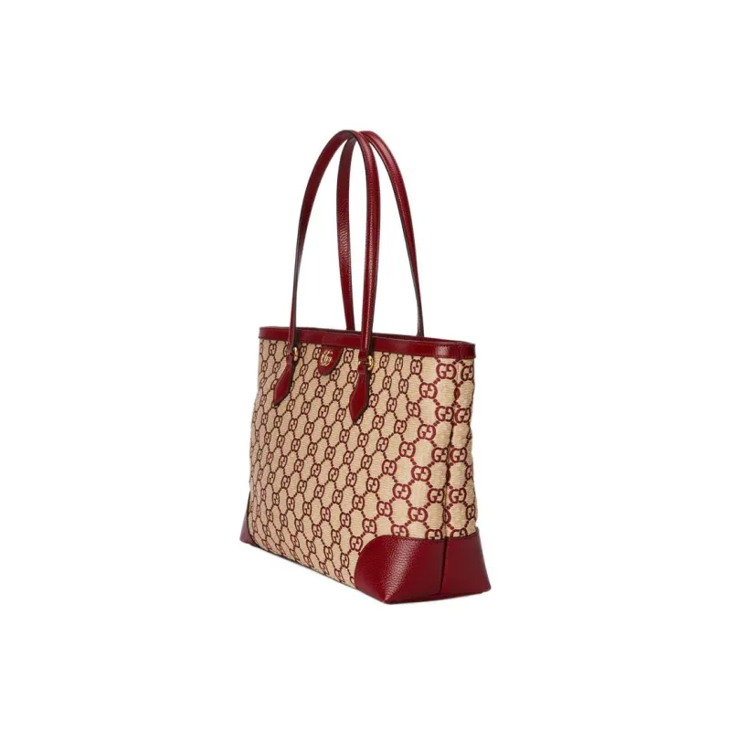 GUCCI Ophidia Denim With Leather Tote Bag Shopping Bag Handbag Shoulder Bag Medium Size Women's Burgundy/Beige Yellow-1