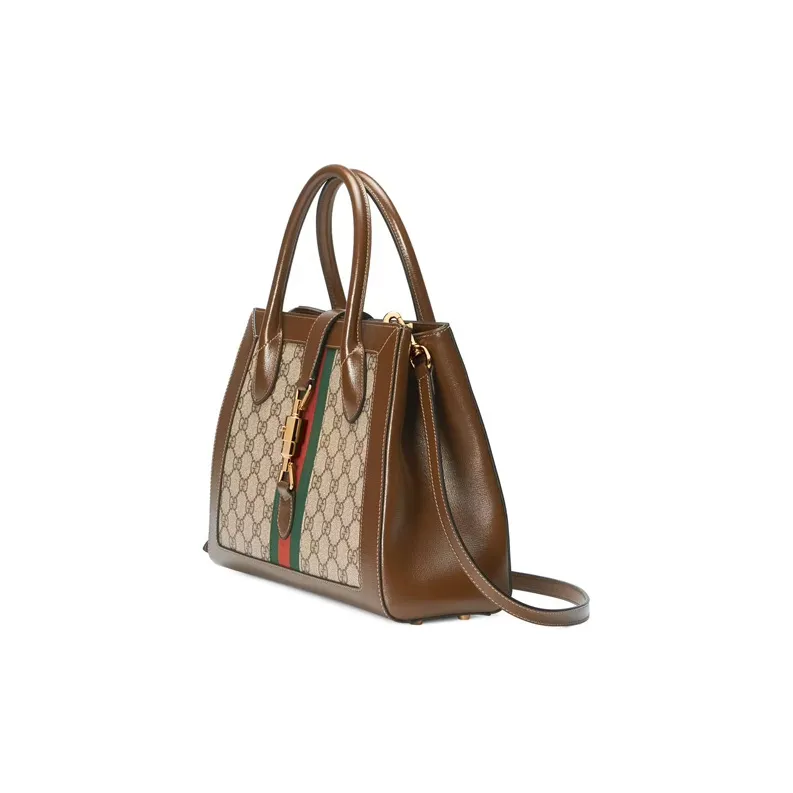 GUCCI Jackie 1961 Canvas With Leather Trim Tote Handbag, Shoulder Bag Medium Size Unisex Brown-1