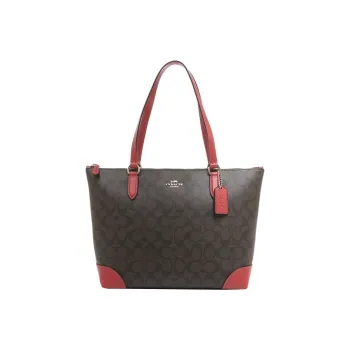 COACH Zip Top Tote Canvas With Leather Tote Bag Shopping Bag Crossbody Bag Shoulder Bag Medium Size Women's Red & Brown