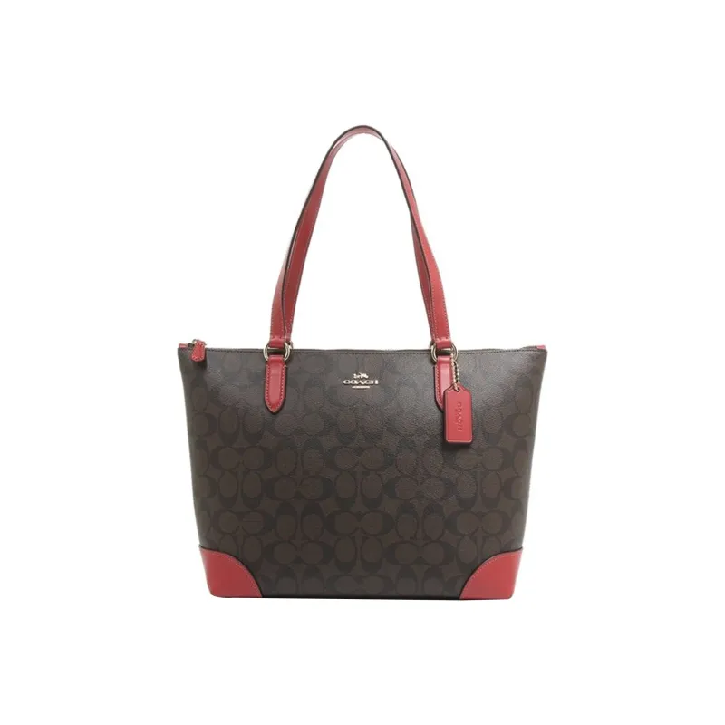 COACH Zip Top Tote Canvas With Leather Tote Bag Shopping Bag Crossbody Bag Shoulder Bag Medium Size Women's Red & Brown-0