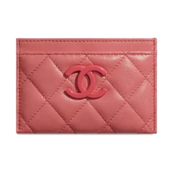 CHANEL Caviar Cow Leather Card Holder Unisex Coral Pink