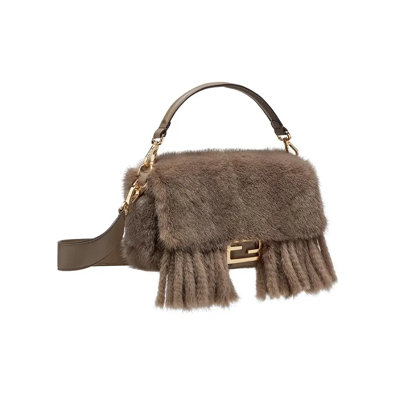 FENDI Baguette Mink Fur Blended With Lambskin Baguette Bag Handbag Shoulder Bag Crossbody Bag Medium Size Women's Gray-1
