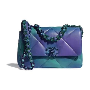 CHANEL 19Bag Calfskin Flap Bag, Chain Shoulder Bag, Crossbody Bag Trumpets Women's Blue & Purple