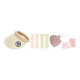 Sun Protection Clothing Set (Ecru Hat+Pink Light Green Cooling Arm Sleeves+Pink Lace Mask)