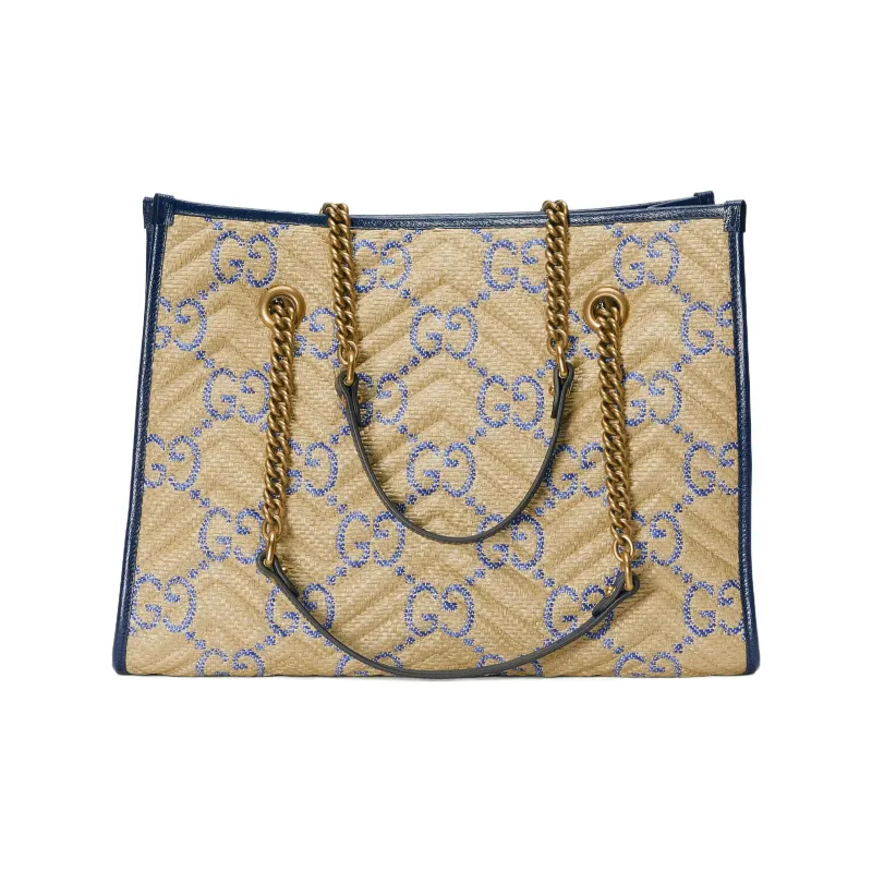GUCCI Marmont Raffia Grass Patchwork Quilted Leather With Stripes Handbag Shoulder Bag Women's Beige & Blue-2