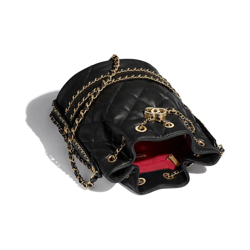 CHANEL Sheepskin Drawstring Bag, Bucket Bag, Shoulder Bag Tubas Women's Black-2