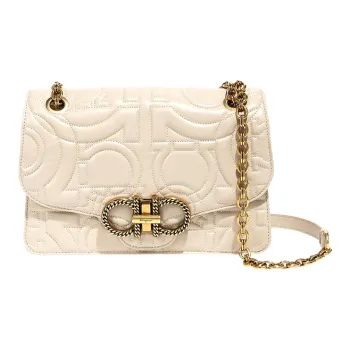 FERRAGAMO GANCINI Cow Leather Shoulder Bag, Crossbody Bag Large Size Women's Beige