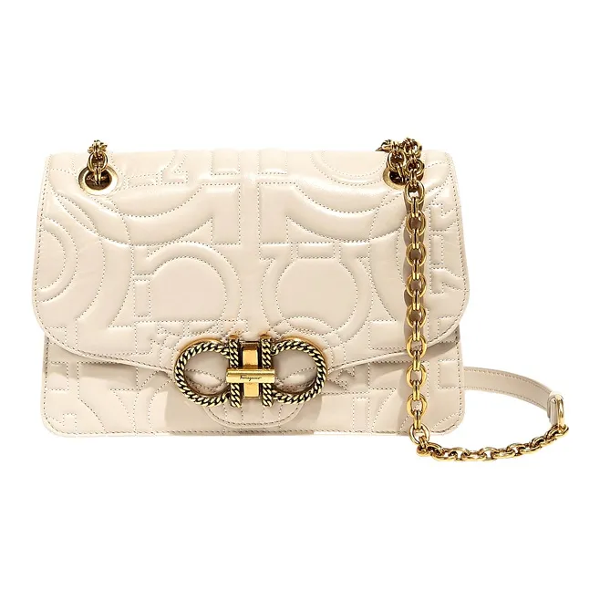 FERRAGAMO GANCINI Cow Leather Shoulder Bag, Crossbody Bag Large Size Women's Beige-0
