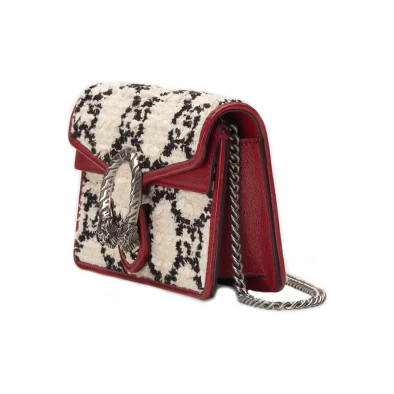 GUCCI Tweed With Leather Chain Shoulder Bag Crossbody Bag Extra Mini Women's White/Red-1