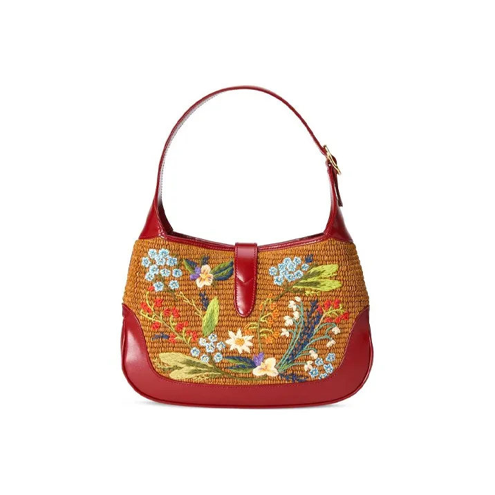 GUCCI Jackie 1961 Fabric With Leather Crescent Shoulder Bag Shoulder Bag Trumpets Women's Red-6