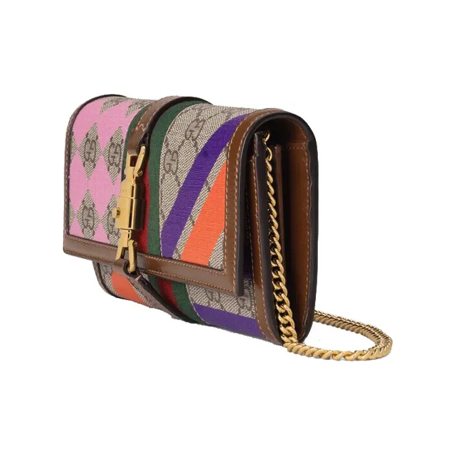 GUCCI Jackie 1961 Canvas With Leather WOC Chain Bag Shoulder Bag Crossbody Bag Small Size Women's Pink Brown Multicolor-2