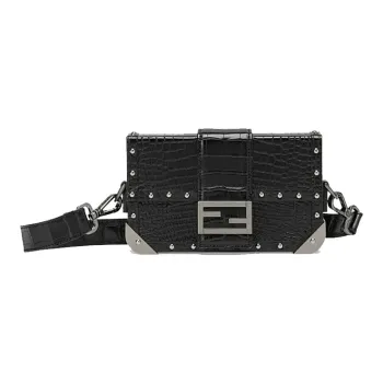 FENDI BaguetteTrunk Crocodile Pattern Leather Baguette Bag Box Bag Shoulder Bag Crossbody Bag Mini Men's Black