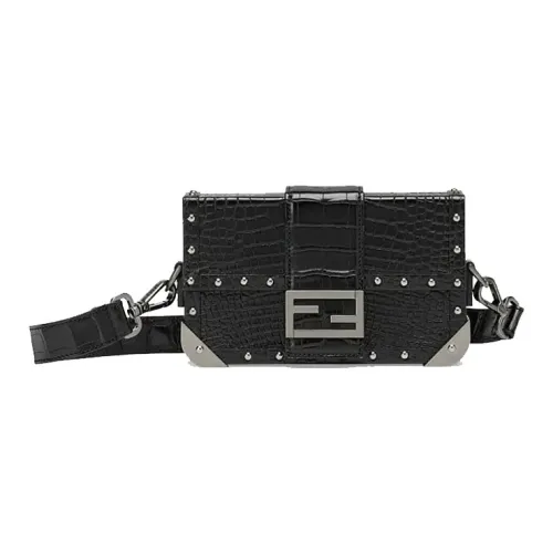 FENDI BaguetteTrunk Crocodile Pattern Leather Baguette Bag Box Bag Shoulder Bag Crossbody Bag Mini Men's Black