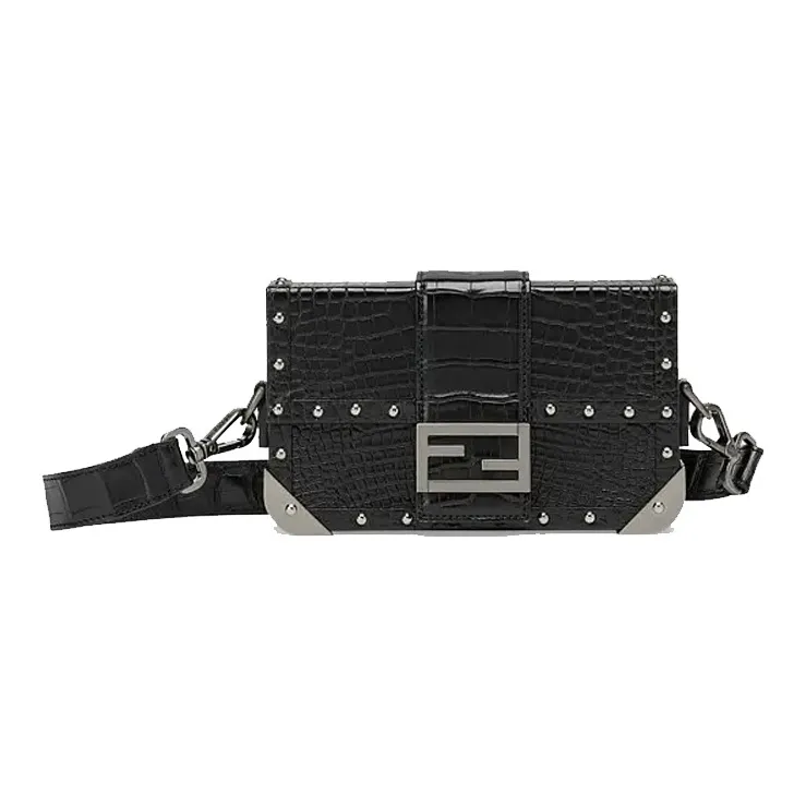 FENDI BaguetteTrunk Crocodile Pattern Leather Baguette Bag Box Bag Shoulder Bag Crossbody Bag Mini Men's Black-0