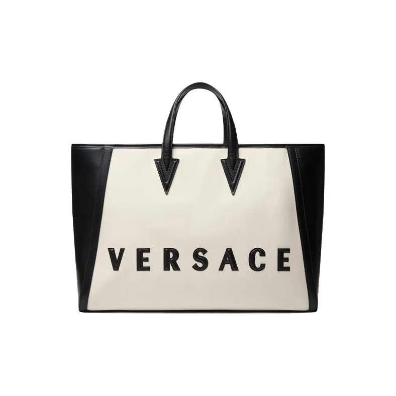 VERSACE Cow Leather Tote Bag Shopping Bag Handbag Shoulder Bag Regular Men's Black White-0