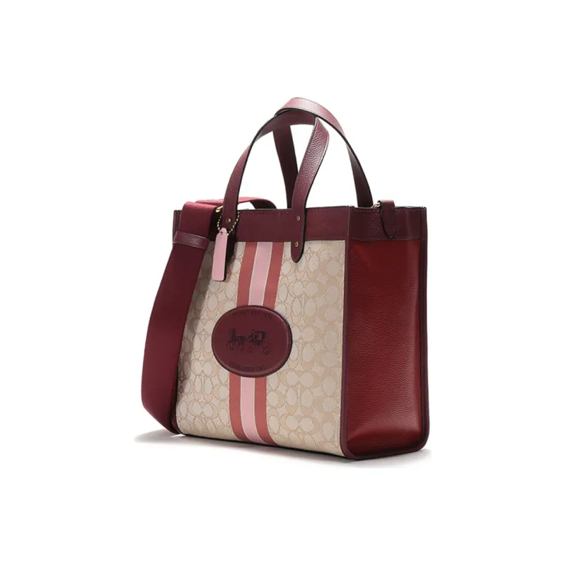 COACH Field Jacquard Fabric With Leather Tote Bag Shopping Bag Shoulder Bag Handbag Large Size Women's Khaki With Red-1