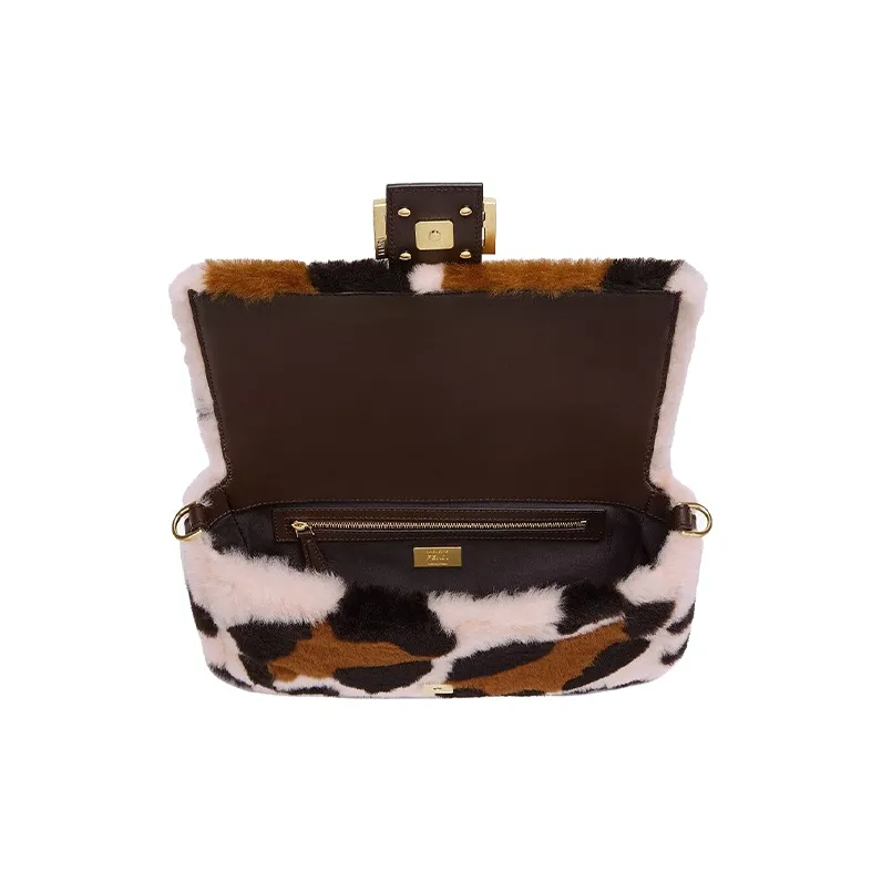 FENDI Baguette Sheepskin Cow Leather Patchwork Shoulder Bag Crossbody Bag Handbag Medium Size Women's Brown/Light Pink-3