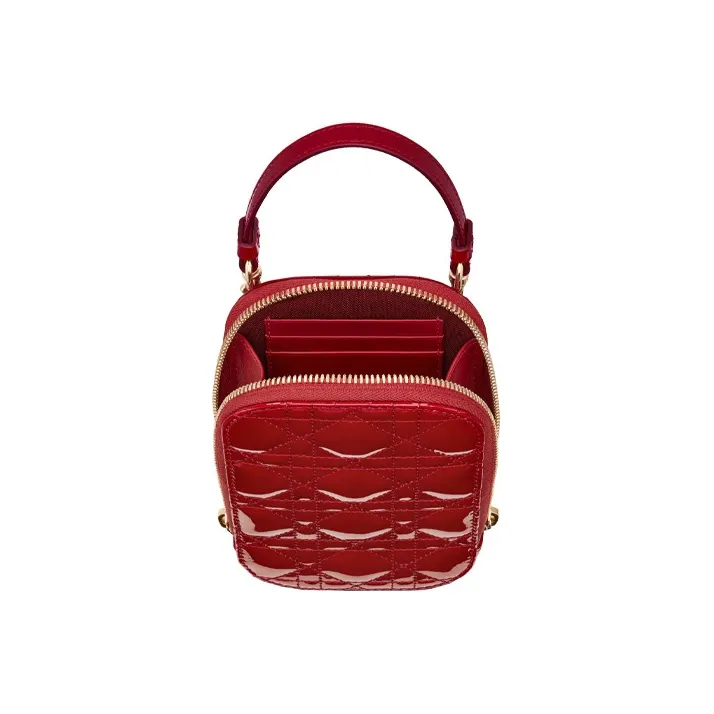 DIOR Lady Dior Patent Leather Cowhide Portable One Shoulder Crossbody Cell Phone Pouch Regular Women's Cherry Red-3