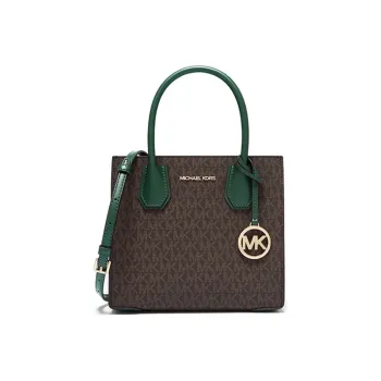 MICHAEL KORS Mercer Cow Leather Trunk Bag, Handbag, Shoulder Bag, Crossbody Bag Medium Size Women's Dark Brown & Green