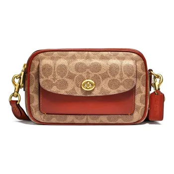 COACH Willow Canvas With Leather Camera Bag Shoulder Bag Crossbody Bag Small Size Women's Red Brown