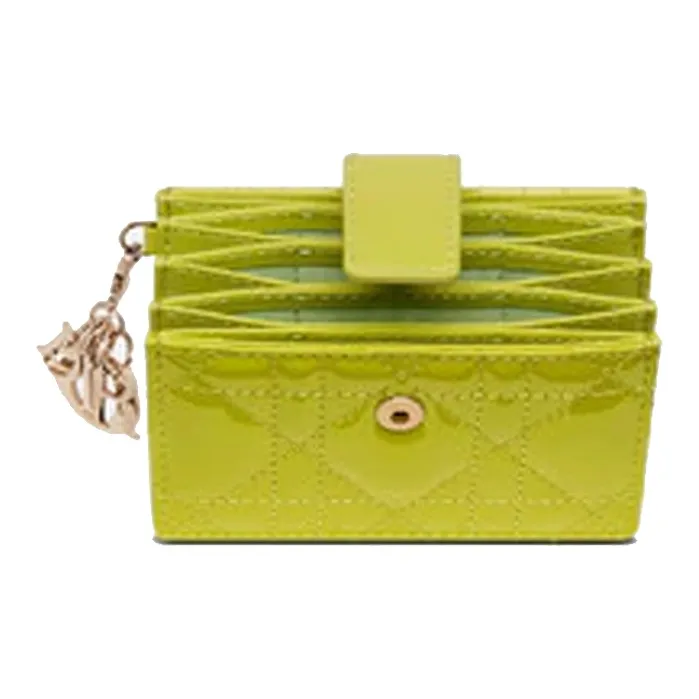 DIOR Lady Dior Patent Leather Cowhide Card Holder Coin Purse Women's Green Yellow-1