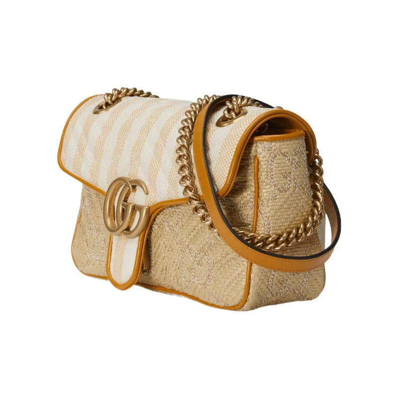 GUCCI Marmont Raffia Patchwork Leather Crossbody Bag Shoulder Bag Small Size Women's Natural Multicolor-1