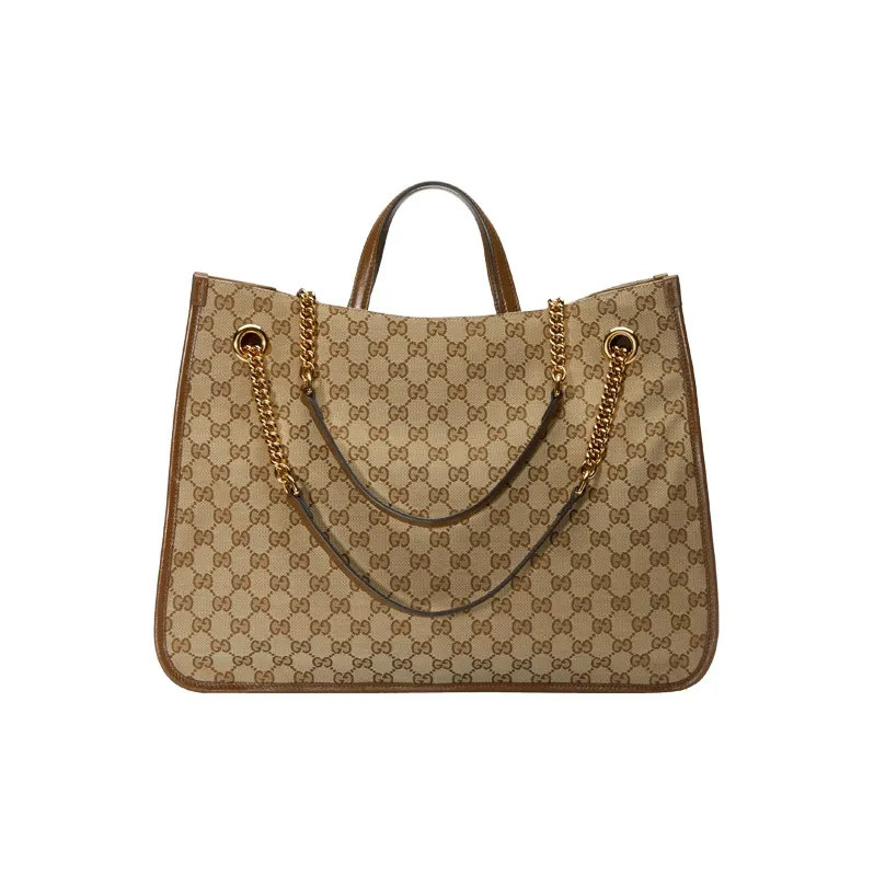 GUCCI Canvas With Leather Tote Bag Shopping Bag Shoulder Bag Handbag Large Size Unisex Ebony Brown-2
