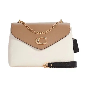 COACH Polished Leather Chain Flap Bag Shoulder Bag Crossbody Bag Medium Size Women's Milk Tea Beige With White Accents