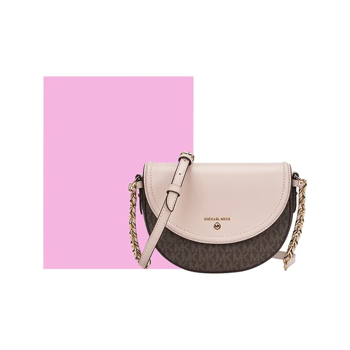 MICHAEL KORS Jet Set Charm Leather Saddle Bag Crossbody Bag Shoulder Bag Women's Dark Brown & Nude Pink-5