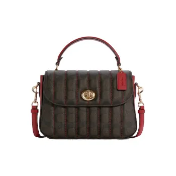 COACH Marlie Canvas Leather Satchel Bag Handbag Medium Size Women's Brown Red