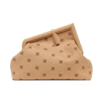 FENDI Fendi First Wool Embroidery Clutches Shoulder Bag Crossbody Bag Medium Size Women's Beige