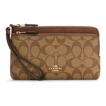 COACH Double Zip Wallet Leather Card Holder, Clutch Wallet Medium Size Women's Saddles Brown