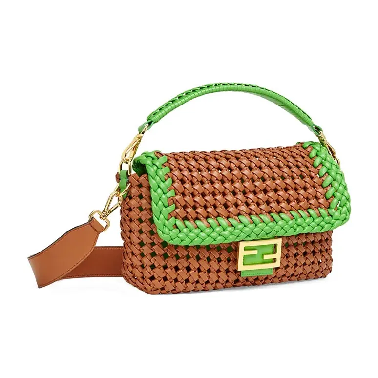 FENDI Baguette Sheepskin One Shoulder Crossbody Baguette Bag Handbag Medium Size Women's Brown & Green-1